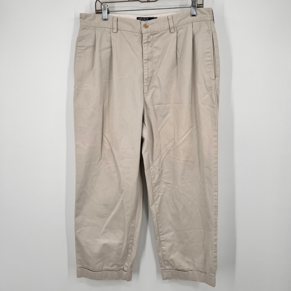 Polo Ralph Lauren Hammond Pant Mens 36x27 Khaki Tan Pleated Cotton Chino Cuffed